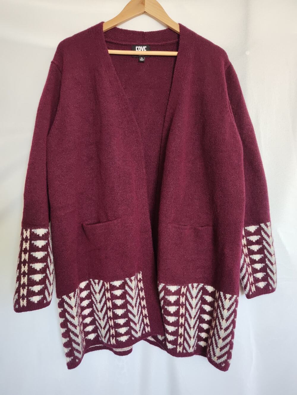 FRYE The Cozy Cardigan Oxblood Red Geometric Border Open Front Pockets XL NWT